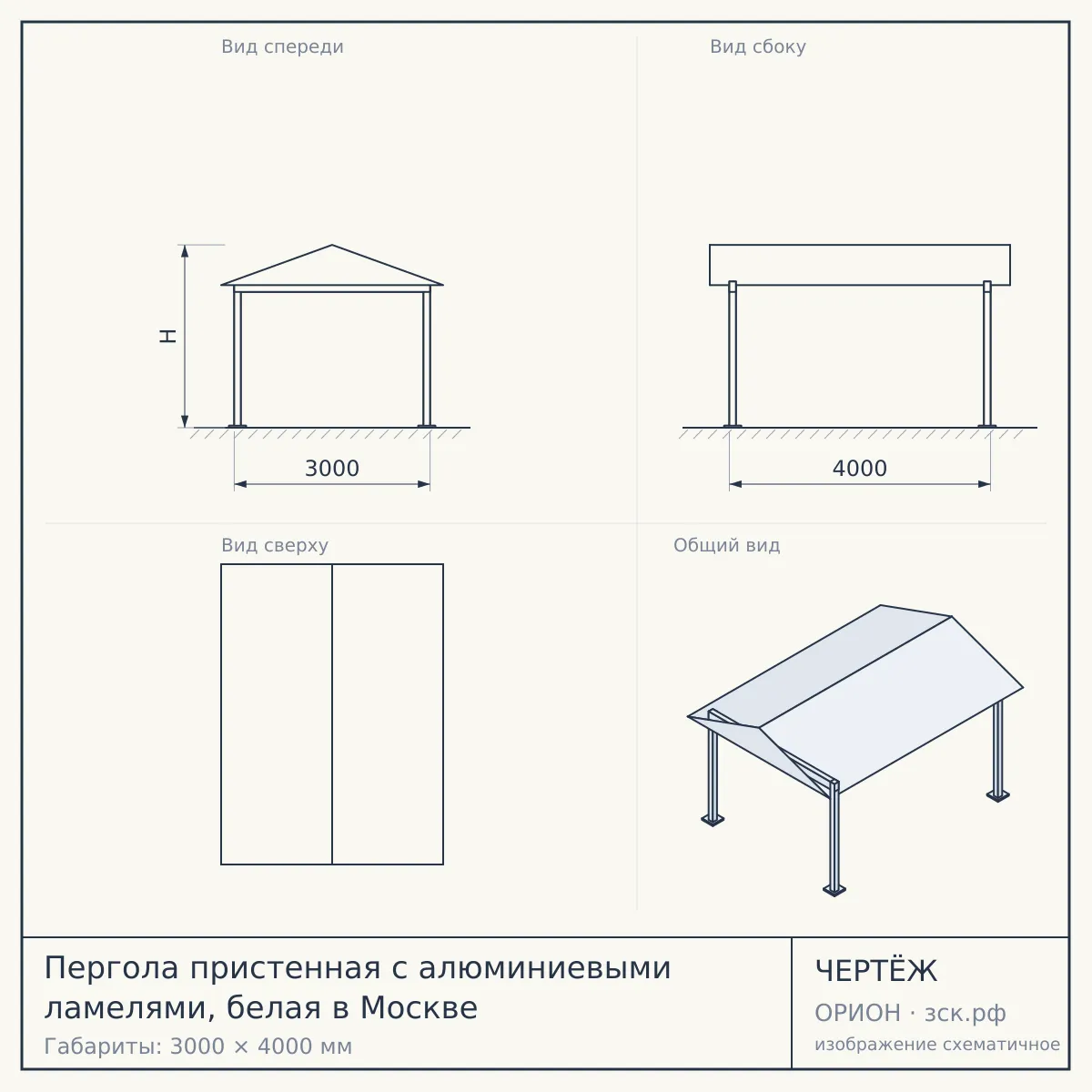 Пергола пристенная с алюминиевыми ламелями, белая в Москве — чертёж